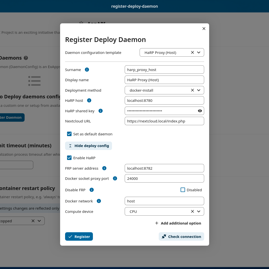 AppAPI admin settings showing registration of HaRP Proxy (Host) daemon